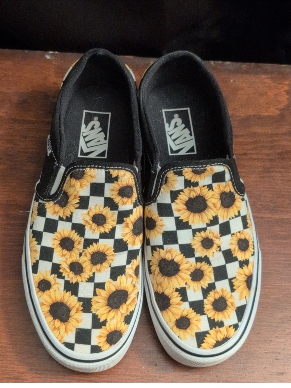 Vans Black/Yellow Sunflower Checkerboard Slip-On Sneakers